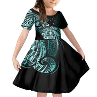 Aotearoa Kia Ora New Zealand Ta Moko Turquoise Version Family Matching Off Shoulder Long Sleeve Dress and Hawaiian Shirt LT01 Daughter's Dress Turquoise - Polynesian Pride