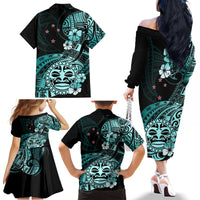Aotearoa Kia Ora New Zealand Ta Moko Turquoise Version Family Matching Off Shoulder Long Sleeve Dress and Hawaiian Shirt LT01 - Polynesian Pride