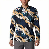 Puakenikeni Maile Lei Button Sweatshirt Frangipani Blue Tropical Leaves
