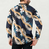Puakenikeni Maile Lei Button Sweatshirt Frangipani Blue Tropical Leaves