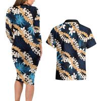 Puakenikeni Maile Lei Couples Matching Long Sleeve Bodycon Dress and Hawaiian Shirt Frangipani Blue Tropical Leaves