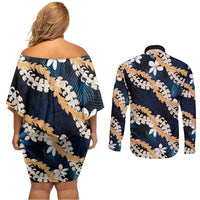 Puakenikeni Maile Lei Couples Matching Off Shoulder Short Dress and Long Sleeve Button Shirt Frangipani Blue Tropical Leaves LT01 - Polynesian Pride