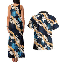 Puakenikeni Maile Lei Couples Matching Tank Maxi Dress and Hawaiian Shirt Frangipani Blue Tropical Leaves