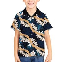 Puakenikeni Maile Lei Family Matching Long Sleeve Bodycon Dress and Hawaiian Shirt Frangipani Blue Tropical Leaves LT01 Son's Shirt Blue - Polynesian Pride