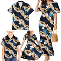 Puakenikeni Maile Lei Family Matching Mermaid Dress and Hawaiian Shirt Frangipani Blue Tropical Leaves LT01 - Polynesian Pride