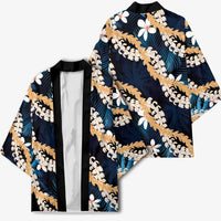 Puakenikeni Maile Lei Kimono Frangipani Blue Tropical Leaves