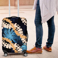 Puakenikeni Maile Lei Luggage Cover Frangipani Blue Tropical Leaves