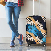 Puakenikeni Maile Lei Luggage Cover Frangipani Blue Tropical Leaves