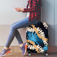 Puakenikeni Maile Lei Luggage Cover Frangipani Blue Tropical Leaves