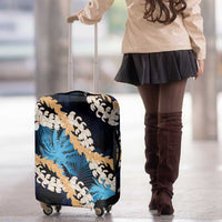 Puakenikeni Maile Lei Luggage Cover Frangipani Blue Tropical Leaves