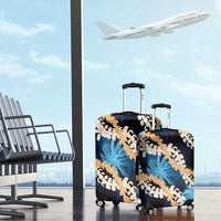Puakenikeni Maile Lei Luggage Cover Frangipani Blue Tropical Leaves