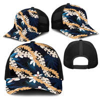 Puakenikeni Maile Lei Mesh Trucker Cap Frangipani Blue Tropical Leaves
