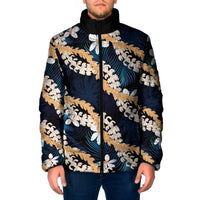 Puakenikeni Maile Lei Padded Jacket Frangipani Blue Tropical Leaves