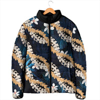 Puakenikeni Maile Lei Padded Jacket Frangipani Blue Tropical Leaves