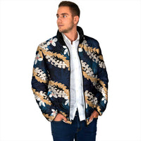Puakenikeni Maile Lei Padded Jacket Frangipani Blue Tropical Leaves