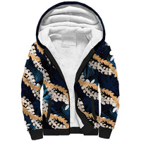 Puakenikeni Maile Lei Sherpa Hoodie Frangipani Blue Tropical Leaves