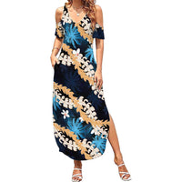 Puakenikeni Maile Lei Summer Maxi Dress Frangipani Blue Tropical Leaves