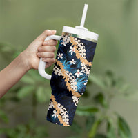 Puakenikeni Maile Lei Tumbler With Handle Frangipani Blue Tropical Leaves