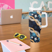 Puakenikeni Maile Lei Tumbler With Handle Frangipani Blue Tropical Leaves