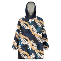 Puakenikeni Maile Lei Wearable Blanket Hoodie Frangipani Blue Tropical Leaves
