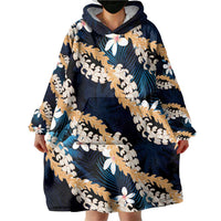 Puakenikeni Maile Lei Wearable Blanket Hoodie Frangipani Blue Tropical Leaves