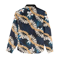 Puakenikeni Maile Lei Women Casual Shirt Frangipani Blue Tropical Leaves