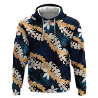 Puakenikeni Maile Lei Zip Hoodie Frangipani Blue Tropical Leaves