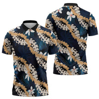 Puakenikeni Maile Lei Zipper Polo Shirt Frangipani Blue Tropical Leaves LT01 - Polynesian Pride