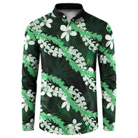 Puakenikeni Maile Lei Button Sweatshirt Frangipani Green Tropical Leaves