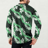 Puakenikeni Maile Lei Button Sweatshirt Frangipani Green Tropical Leaves