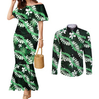 Puakenikeni Maile Lei Couples Matching Mermaid Dress and Long Sleeve Button Shirt Frangipani Green Tropical Leaves