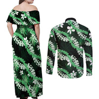 Puakenikeni Maile Lei Couples Matching Off Shoulder Maxi Dress and Long Sleeve Button Shirt Frangipani Green Tropical Leaves
