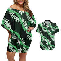 Puakenikeni Maile Lei Couples Matching Off Shoulder Short Dress and Hawaiian Shirt Frangipani Green Tropical Leaves