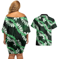 Puakenikeni Maile Lei Couples Matching Off Shoulder Short Dress and Hawaiian Shirt Frangipani Green Tropical Leaves