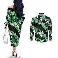 Puakenikeni Maile Lei Couples Matching Off The Shoulder Long Sleeve Dress and Long Sleeve Button Shirt Frangipani Green Tropical Leaves