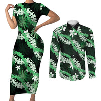 Puakenikeni Maile Lei Couples Matching Short Sleeve Bodycon Dress and Long Sleeve Button Shirt Frangipani Green Tropical Leaves