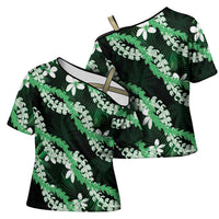 Puakenikeni Maile Lei Cross Shoulder Shirt Frangipani Green Tropical Leaves LT01 - Polynesian Pride