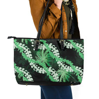 Puakenikeni Maile Lei Leather Tote Bag Frangipani Green Tropical Leaves