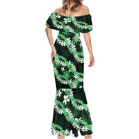 Puakenikeni Maile Lei Mermaid Dress Frangipani Green Tropical Leaves