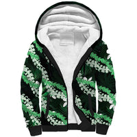 Puakenikeni Maile Lei Sherpa Hoodie Frangipani Green Tropical Leaves