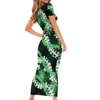 Puakenikeni Maile Lei Short Sleeve Bodycon Dress Frangipani Green Tropical Leaves
