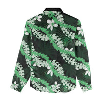 Puakenikeni Maile Lei Women Casual Shirt Frangipani Green Tropical Leaves