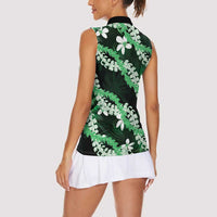 Puakenikeni Maile Lei Women Sleeveless Polo Shirt Frangipani Green Tropical Leaves