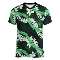 Puakenikeni Maile Lei Women V-Neck T-Shirt Frangipani Green Tropical Leaves