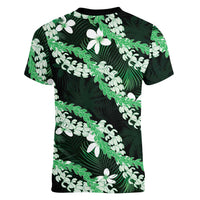 Puakenikeni Maile Lei Women V-Neck T-Shirt Frangipani Green Tropical Leaves