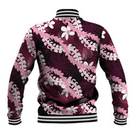 Puakenikeni Maile Lei Baseball Jacket Frangipani Pink Tropical Leaves