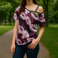 Puakenikeni Maile Lei Cross Shoulder Shirt Frangipani Pink Tropical Leaves LT01 - Polynesian Pride