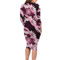 Puakenikeni Maile Lei Family Matching Long Sleeve Bodycon Dress and Hawaiian Shirt Frangipani Pink Tropical Leaves LT01 - Polynesian Pride