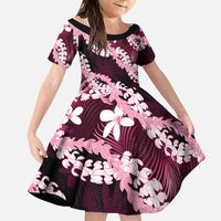 Puakenikeni Maile Lei Family Matching Off The Shoulder Long Sleeve Dress and Hawaiian Shirt Frangipani Pink Tropical Leaves LT01 Daughter's Dress Pink - Polynesian Pride