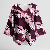 Puakenikeni Maile Lei Kimono Sleeve Blouse Frangipani Pink Tropical Leaves